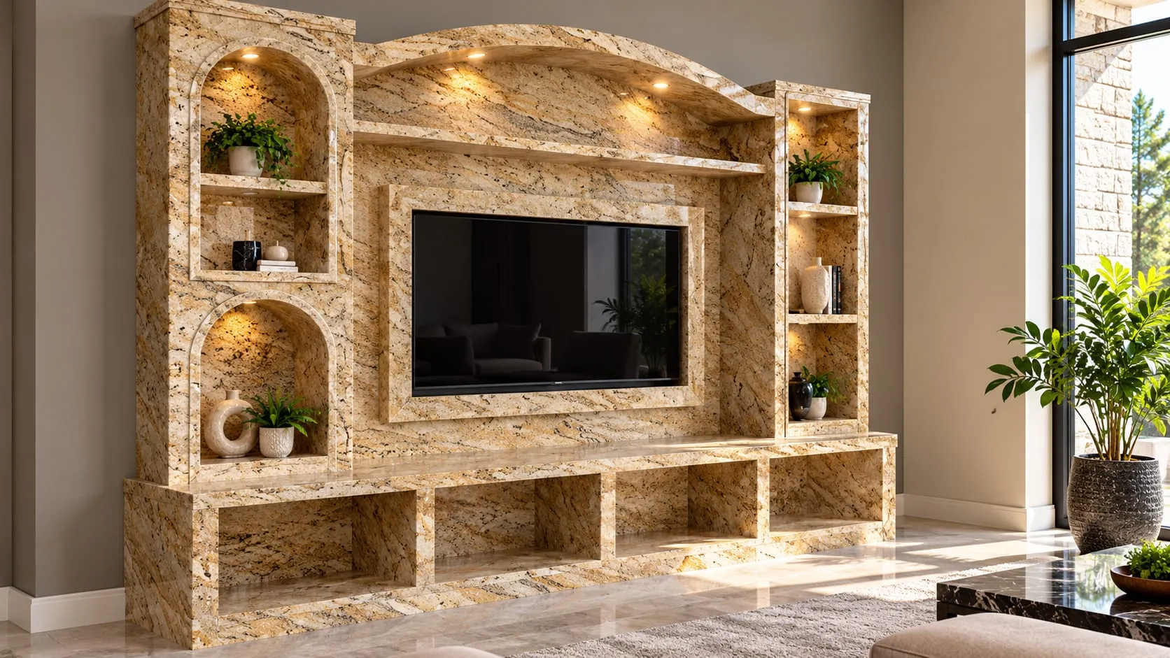 Living room wall unit clad in beige veined stone with arched shelving around a television