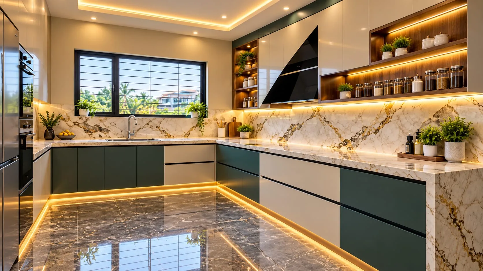 Kitchen with light veined stone countertops and backsplash, green and white cabinets and under-cabinet lighting