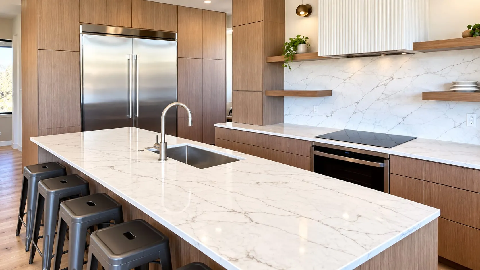 Kitchen with a veined stone island, black stools and a stone backsplash beside a stainless refrigerator