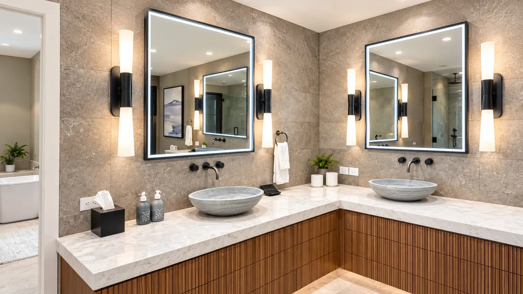 Bathroom with a long stone vanity top, two grey vessel sinks, backlit mirrors and a textured stone wall