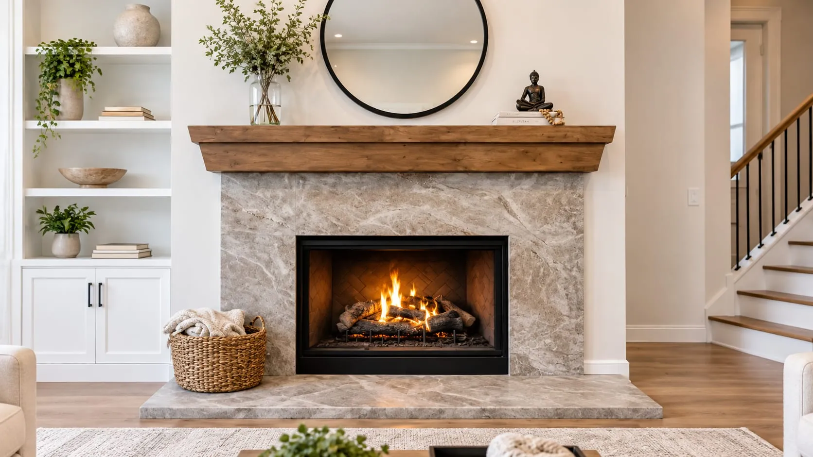 Living room fireplace clad in soft grey stone with a chunky wood mantel, round mirror and built-in shelving