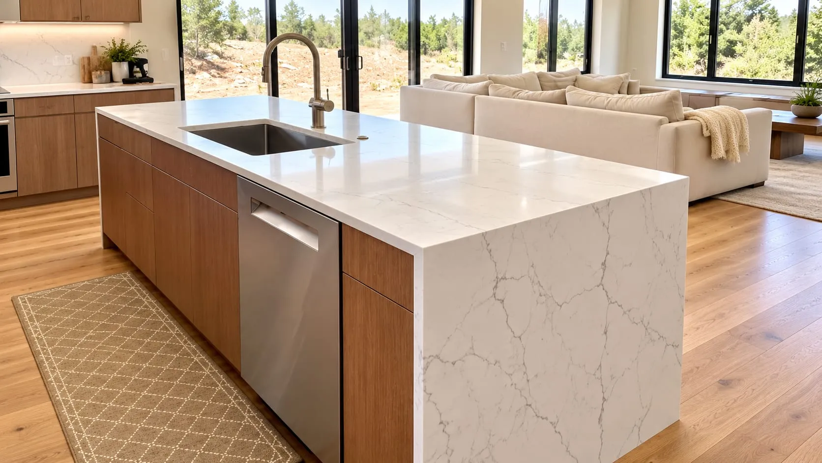 Open-plan kitchen island with a white veined stone waterfall top and walnut cabinetry, looking onto a living room