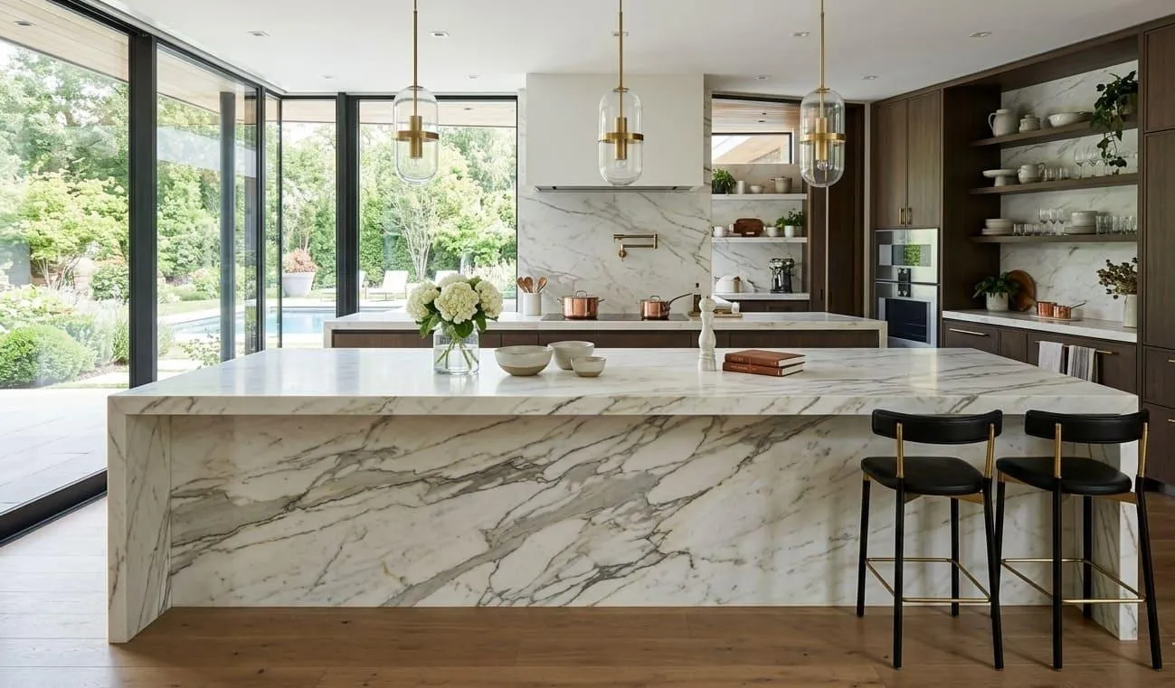 Modern kitchen with a veined white marble waterfall island, brass pendants and black leather bar stools, looking out to a garden and pool