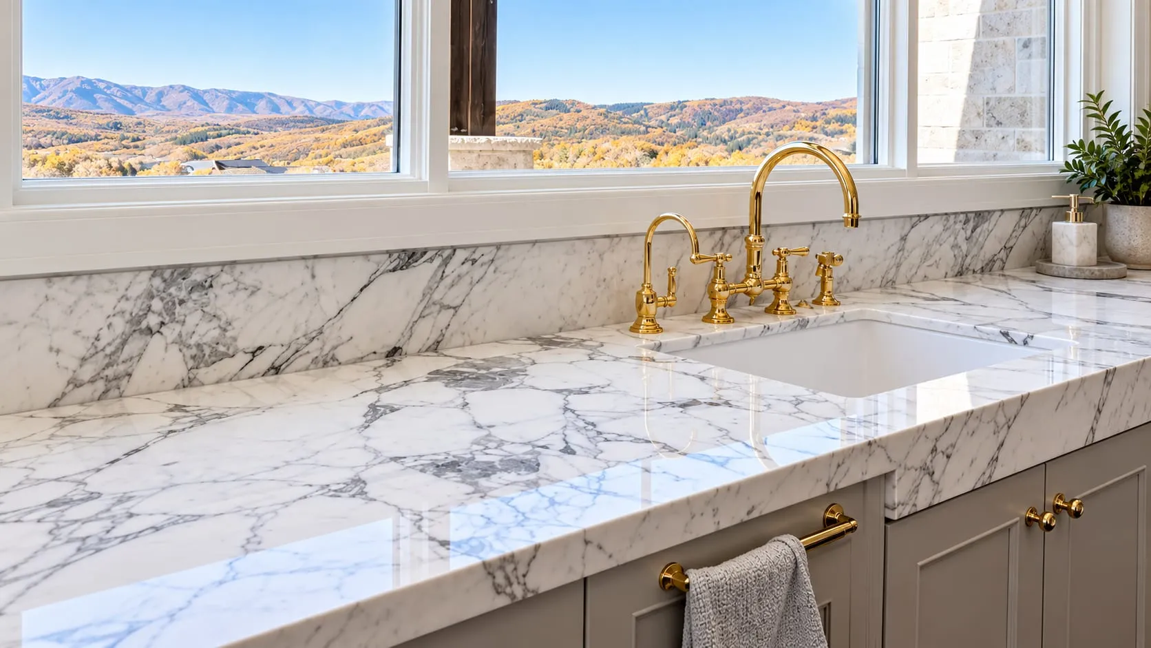 Kitchen counter in grey-veined white stone with an undermount sink, brass tap and mountain views through the window