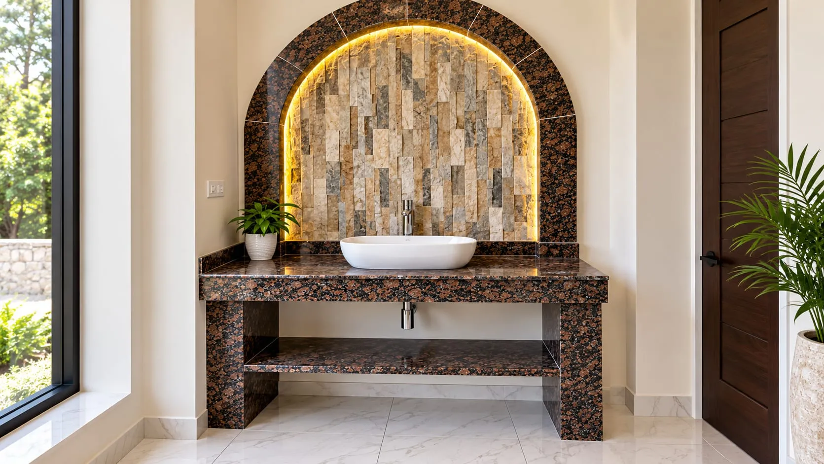 Bathroom vanity in dark brown speckled stone with a white vessel sink beneath an arched, lit tile niche